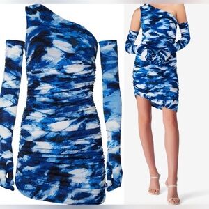 Miscreants Blue One Shoulder Bodycon Ruched Mini Dress Detachable Gloves US 10‎